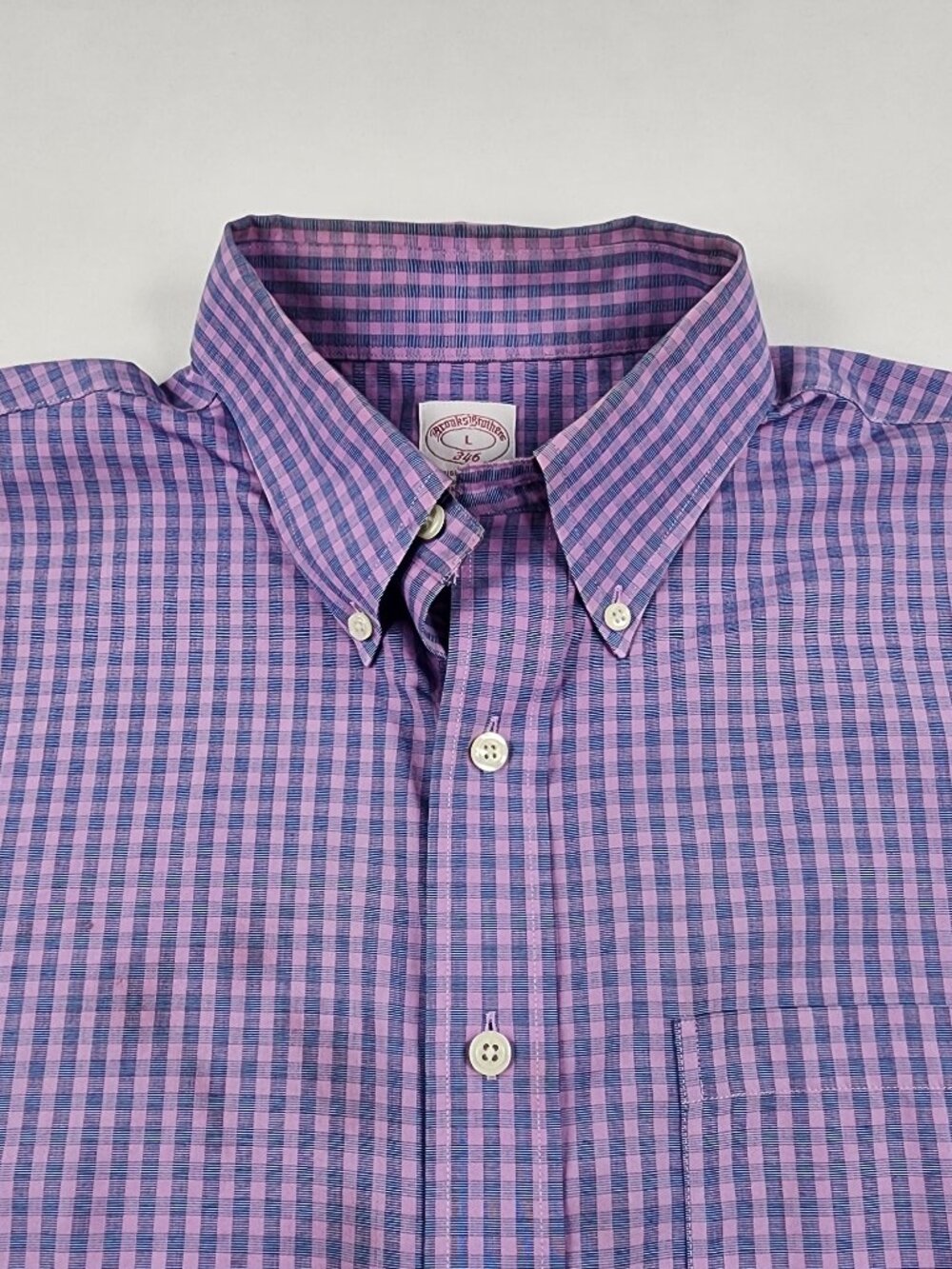 FLAW Brooks Brothers 346 Mens L Blue Purple Plaid Button Down Short Sleeve Shirt